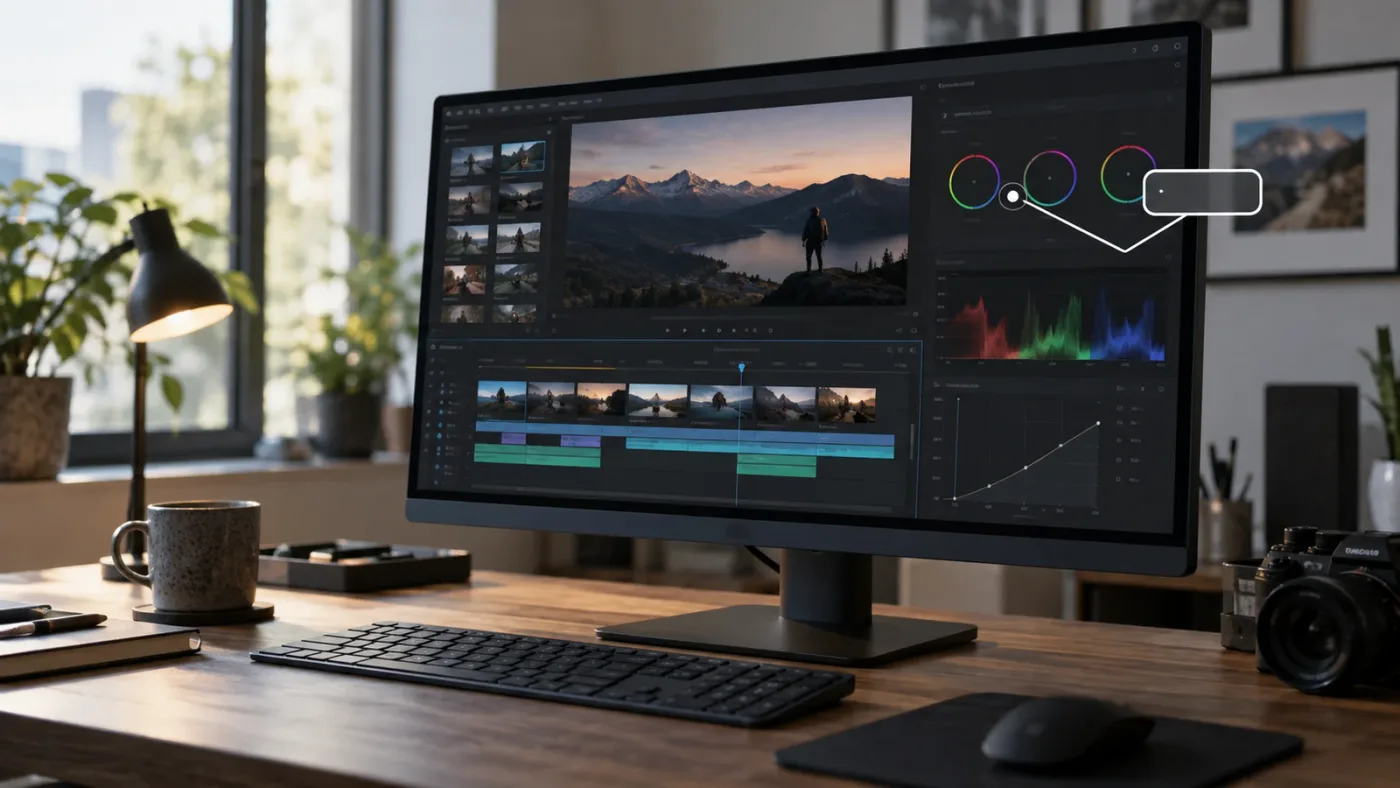 Illustration of an on-screen assistant pointing to a DaVinci Resolve control
