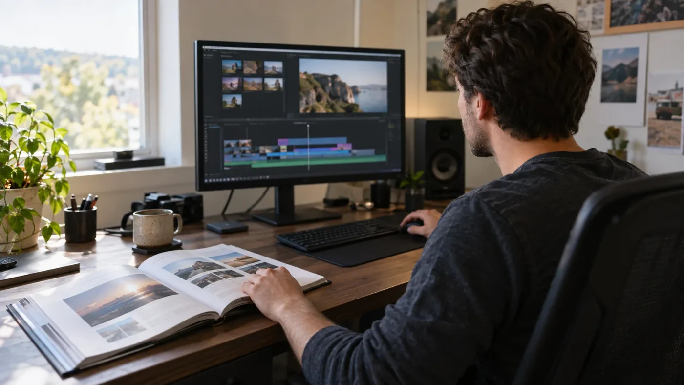 Illustration of structured training becoming guided practice in DaVinci Resolve