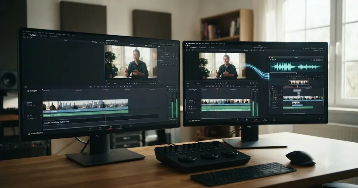 Illustration of a DaVinci Resolve timeline split between two AI editing agents, one assembling a rough cut from a transcript and one executing a typed instruction