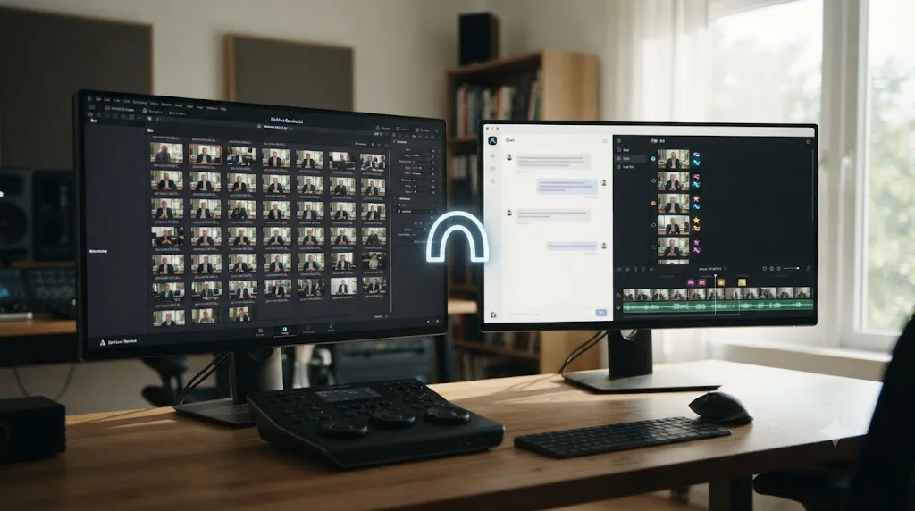 Illustration of a DaVinci Resolve bin connected by a bridge icon to a separate AI chat application building a rough cut