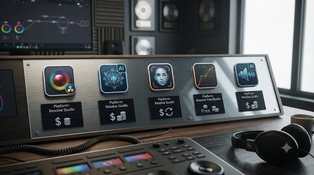 Illustration of a comparison grid of five AI and non-AI DaVinci Resolve tool icons with platform and pricing details beneath each
