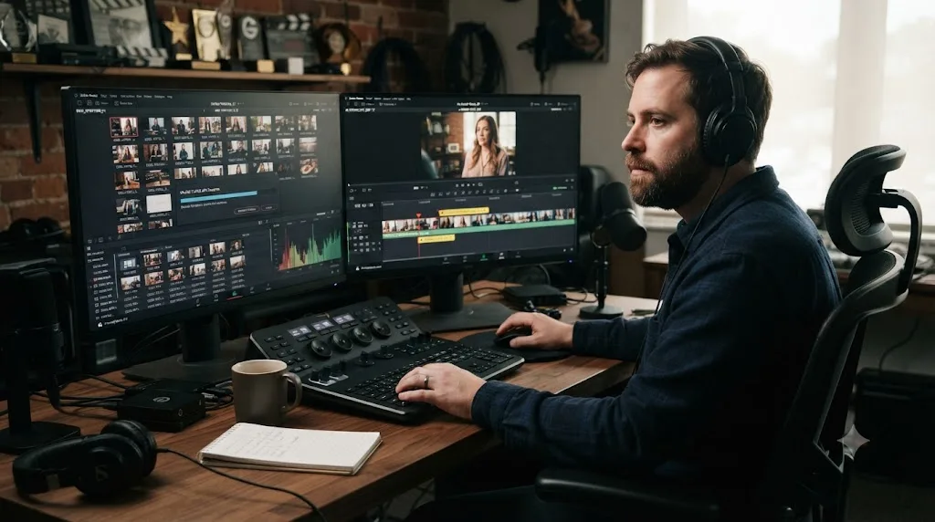 Illustration of an editor reviewing an AI-assembled rough cut on a monitor with clips flagged for review