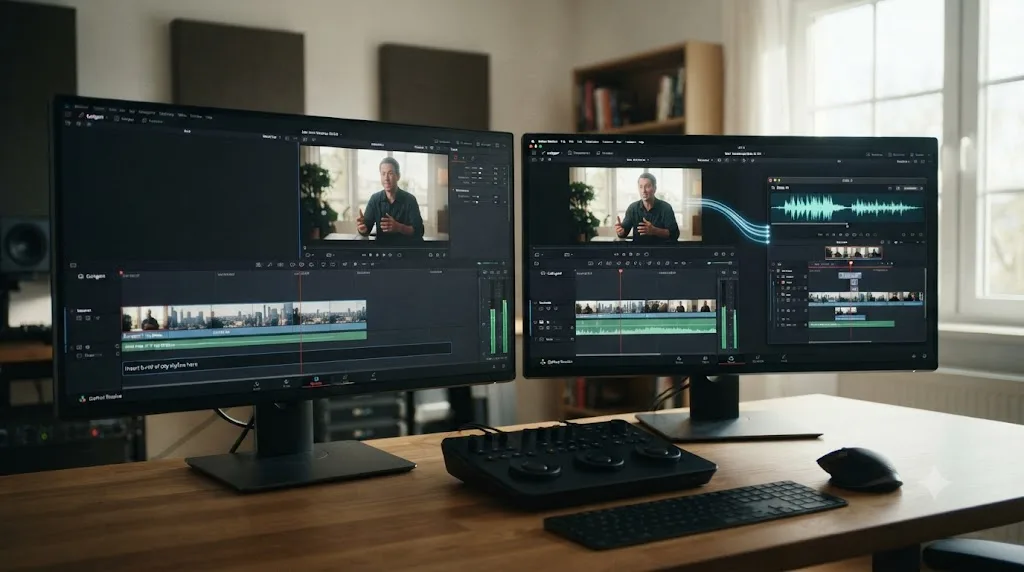 Illustration of a DaVinci Resolve timeline split between two AI editing agents, one executing a typed instruction directly and one assembling a rough cut in a separate app