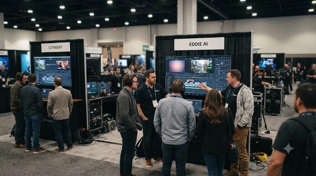 Illustration of a trade show floor with AI editing agent booths and editors watching live demos