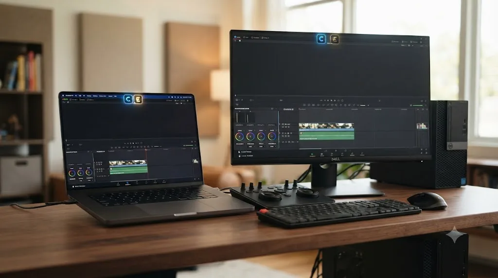 Illustration of a Windows PC and a Mac laptop side by side, with one AI editing tool icon available on both and another only on the Mac