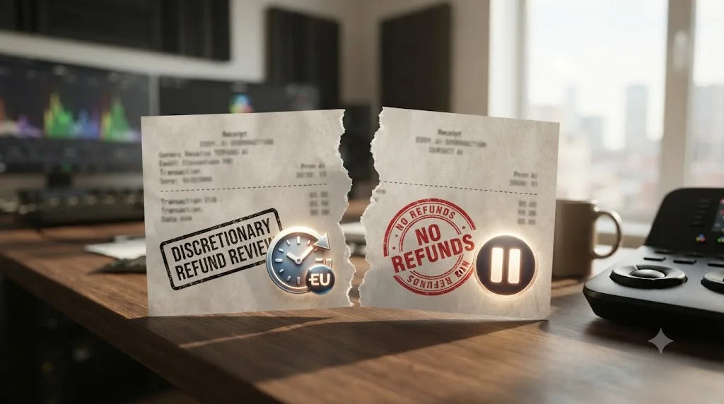 Illustration of a torn receipt comparing a discretionary refund review against a flat no-refunds policy with a pause option