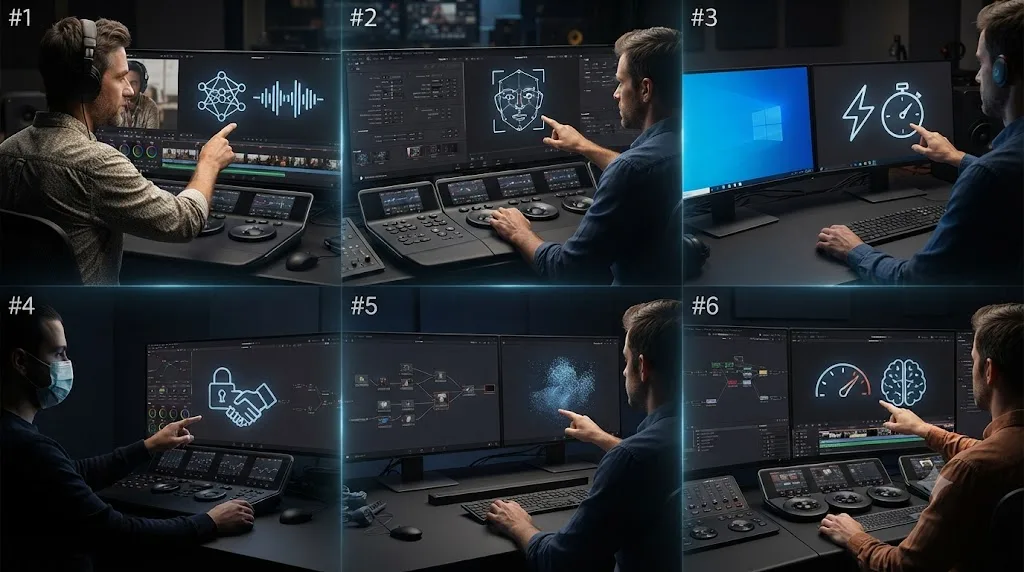 Illustration of six numbered vignettes showing different DaVinci Resolve editor situations pointing toward different AI tool icons