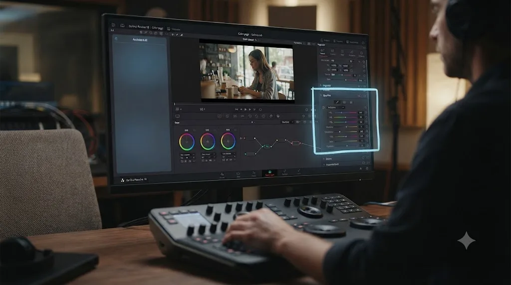 Illustration of an assistant overlay pointing at a qualifier control inside a DaVinci Resolve Color page interface