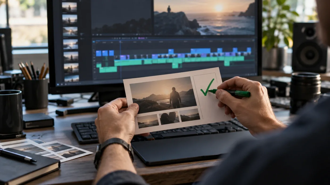 Illustration of an editor approving an AI timeline change before it is applied