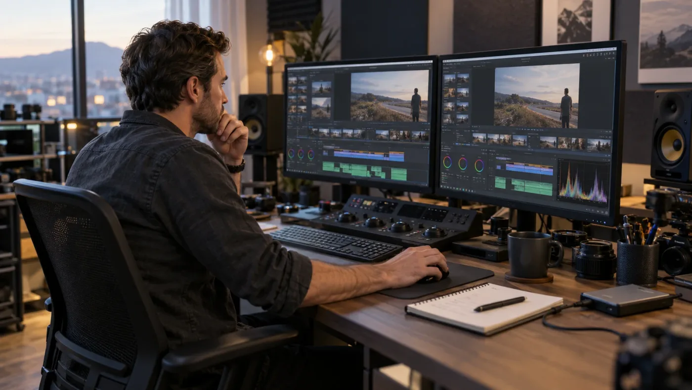 Illustration of a video editor reviewing an AI-assisted DaVinci Resolve client project