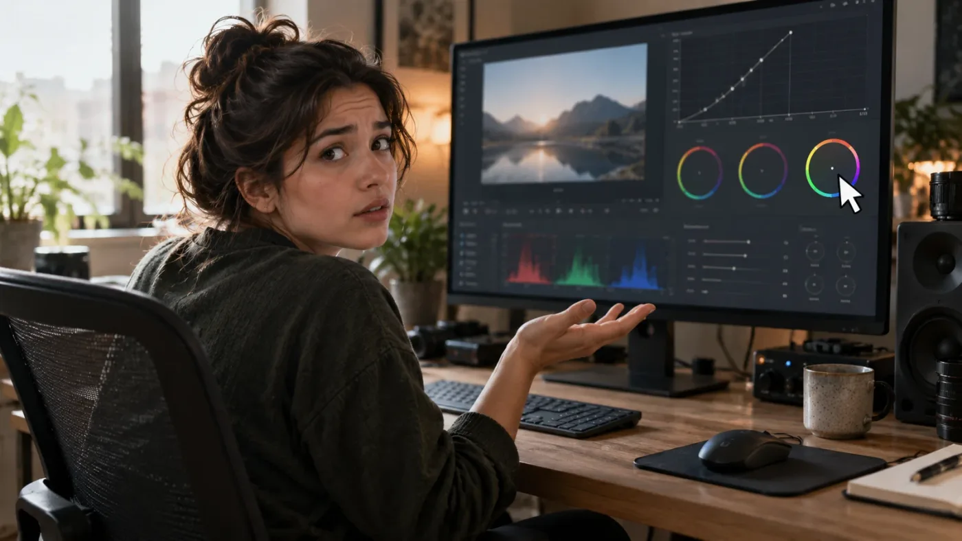 Illustration of an on-screen assistant pointing to a DaVinci Resolve control