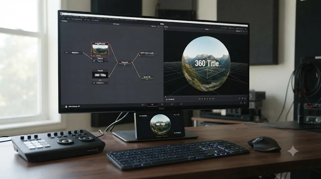 Illustration of a Text3D node placed inside a Fusion 3D environment with a Spherical Camera and Render3D node completing a 360 composite