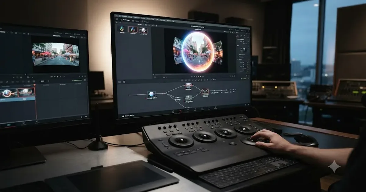 Illustration of a DaVinci Resolve timeline wrapped around a glowing equirectangular sphere representing a 360 video project