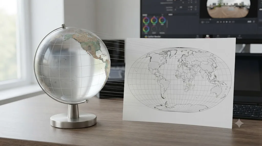 Illustration of a 3D sphere unwrapping into a flat 2:1 equirectangular rectangle showing distortion at the poles