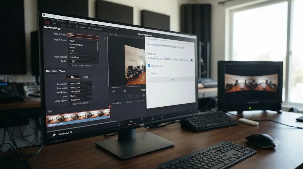 Illustration of a DaVinci Resolve 21 VR360 delivery preset next to the Spatial Media Metadata Injector tool with 360 checked