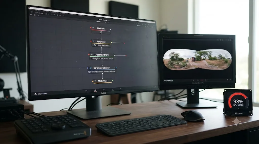 Illustration of a stacked Fusion VR node chain next to a GPU usage meter reading near full capacity