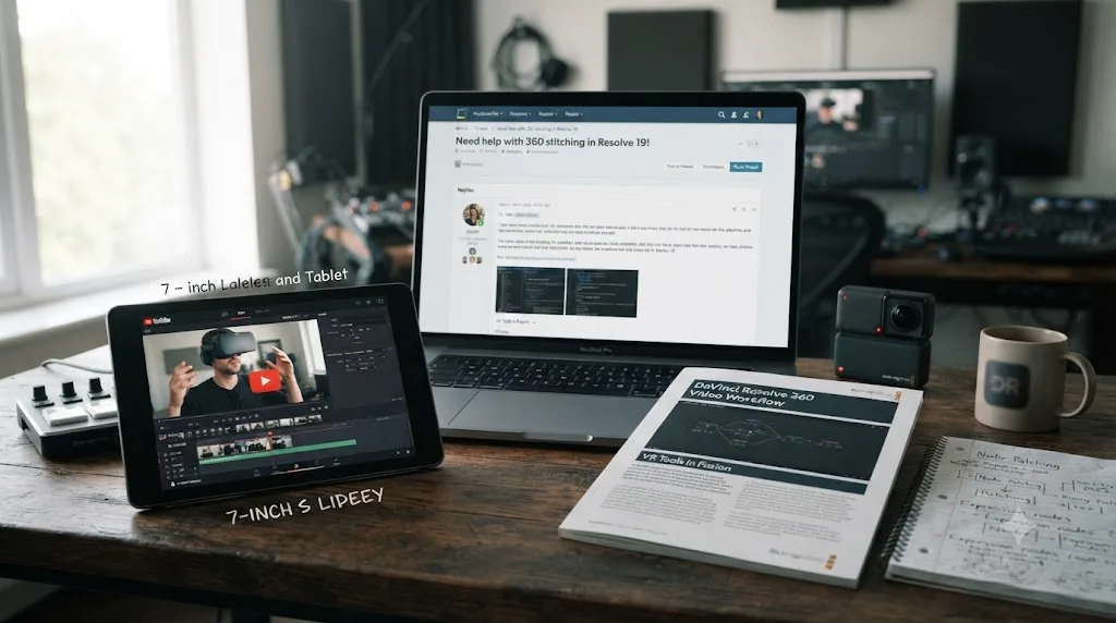 Illustration of a YouTube tutorial, a forum thread, and a training page representing scattered learning sources for 360 editing in Resolve