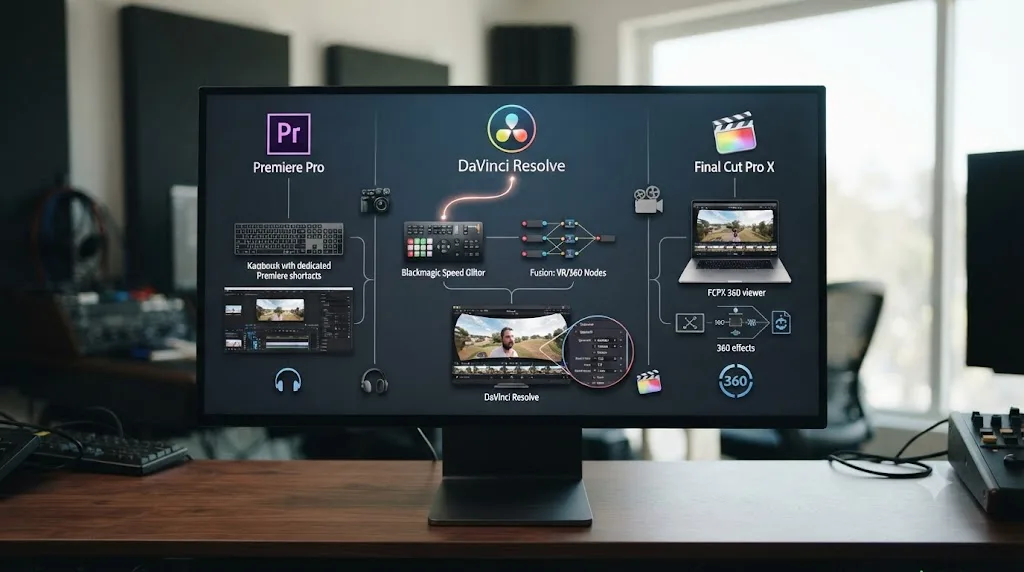 Illustration comparing DaVinci Resolve, Premiere Pro, and Final Cut Pro X and their respective 360 video tool ecosystems