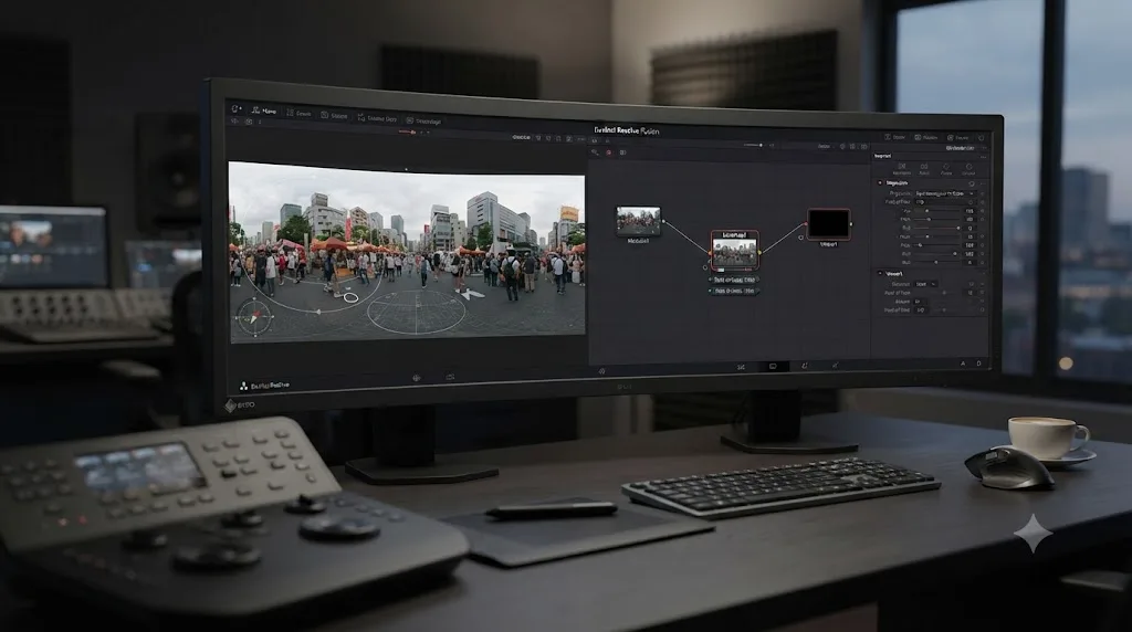 Illustration of a DaVinci Resolve Fusion page with a PanoMap node feeding a navigable 360 view into the viewer