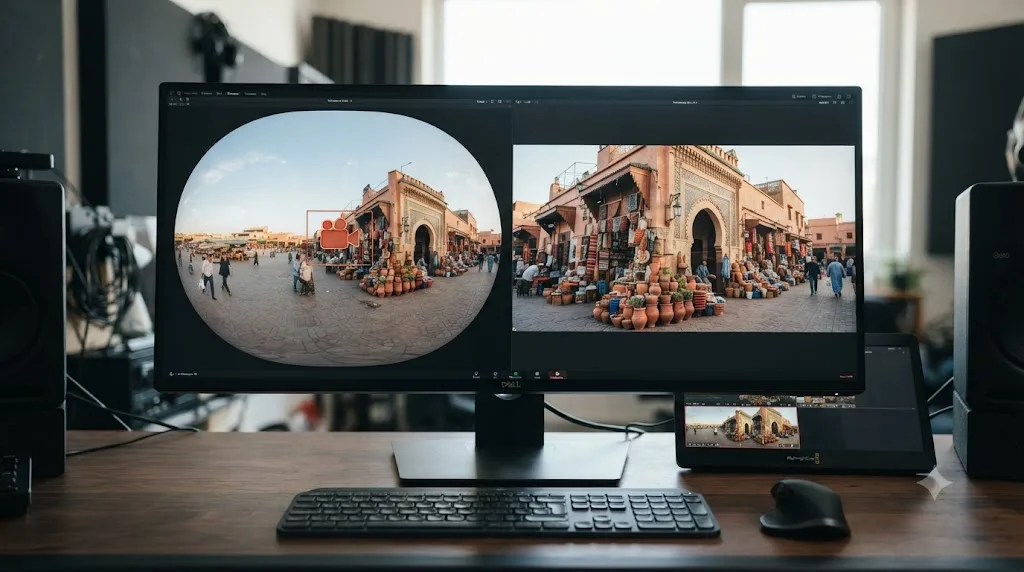Illustration comparing a full 360 equirectangular source against a flat reframed shot chosen from within it