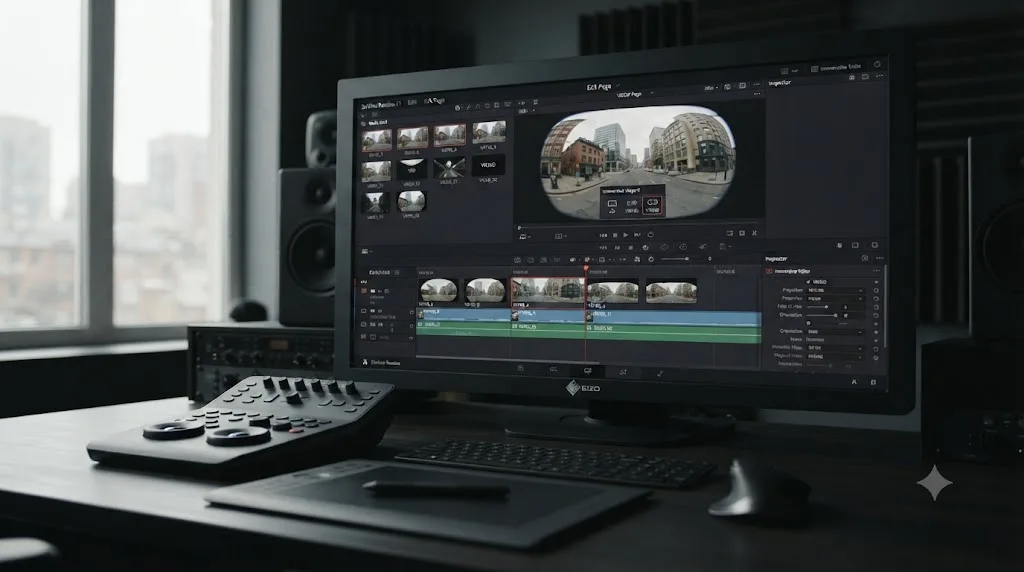 Illustration of a DaVinci Resolve 21 native immersive timeline mixing VR180 and VR360 clips with an immersive viewport toggle