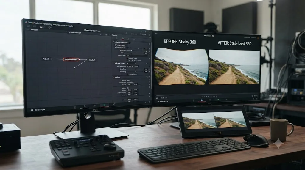 Illustration of a Spherical Stabilizer node's Inspector controls next to a before and after comparison of stabilized 360 footage