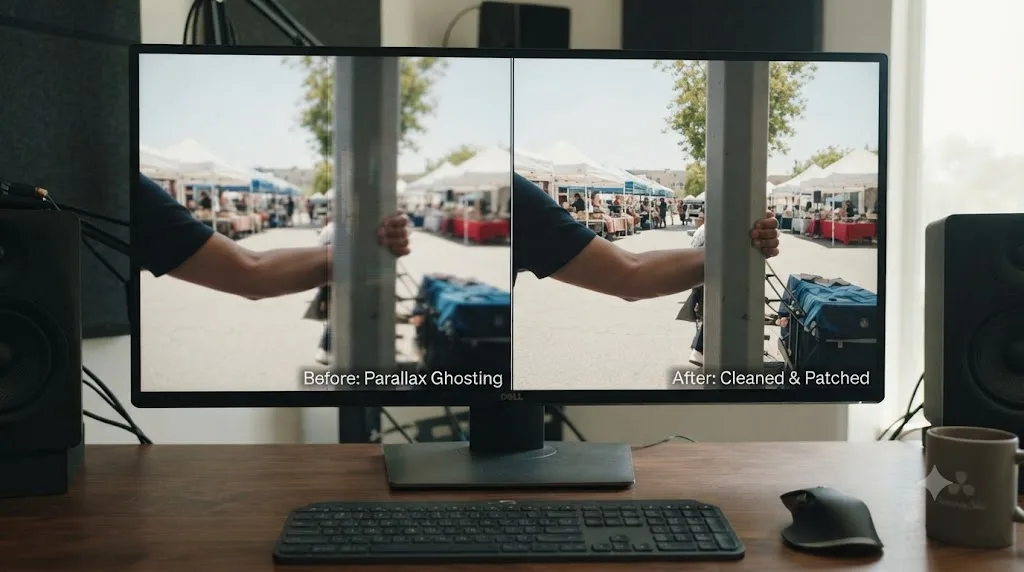 Illustration comparing a 360 clip with visible parallax ghosting at a stitch seam against a cleaned up version