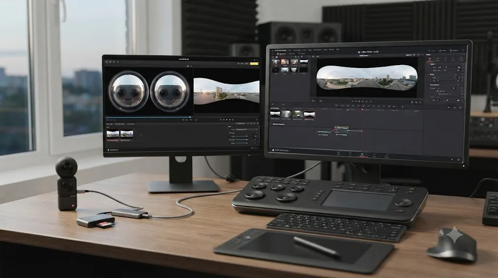Illustration of raw multi-lens 360 footage being stitched into an equirectangular file before import into DaVinci Resolve