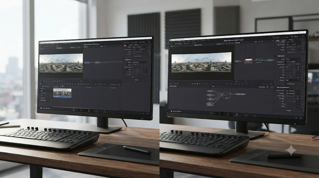 Illustration comparing a free version Inspector panel with no Spherical Stabilizer option against a Studio version showing it