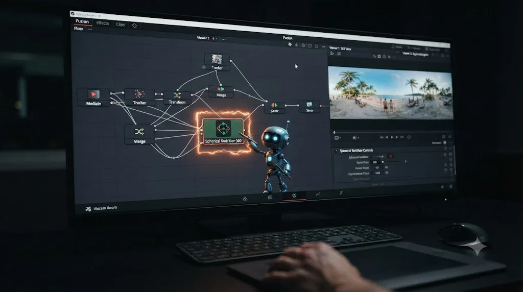Illustration of an assistant character drawing a glowing box around a Spherical Stabilizer node inside DaVinci Resolve Fusion
