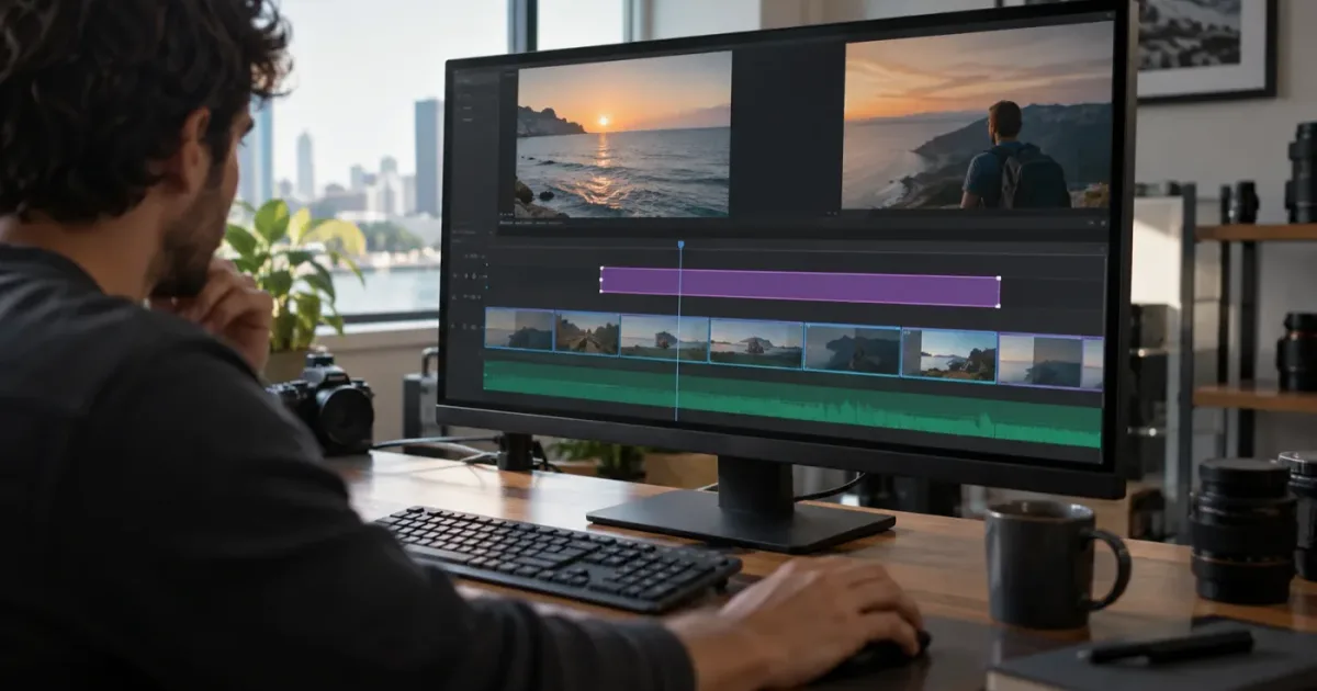 Illustration of a DaVinci Resolve adjustment clip spanning video clips on a timeline