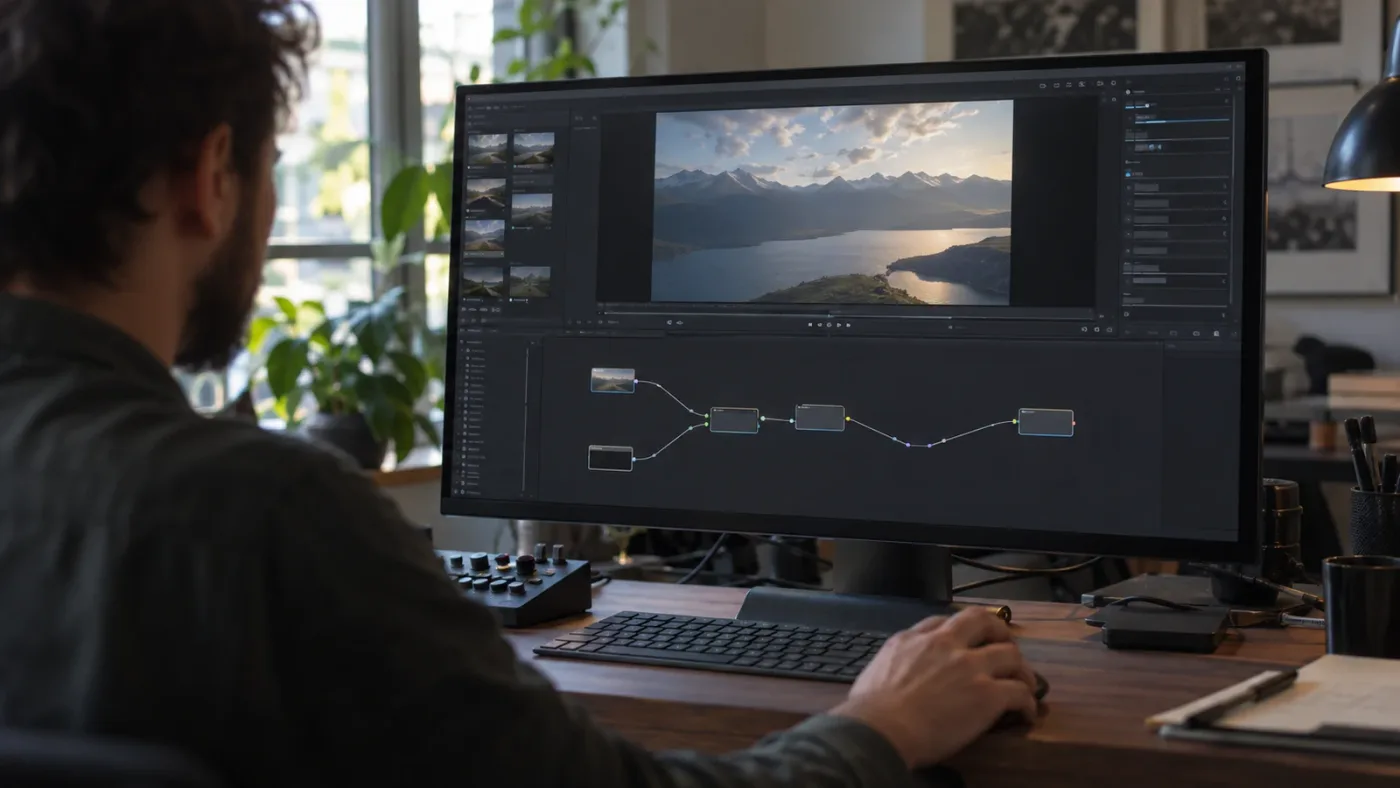 Illustration of a DaVinci Resolve adjustment clip Fusion node graph