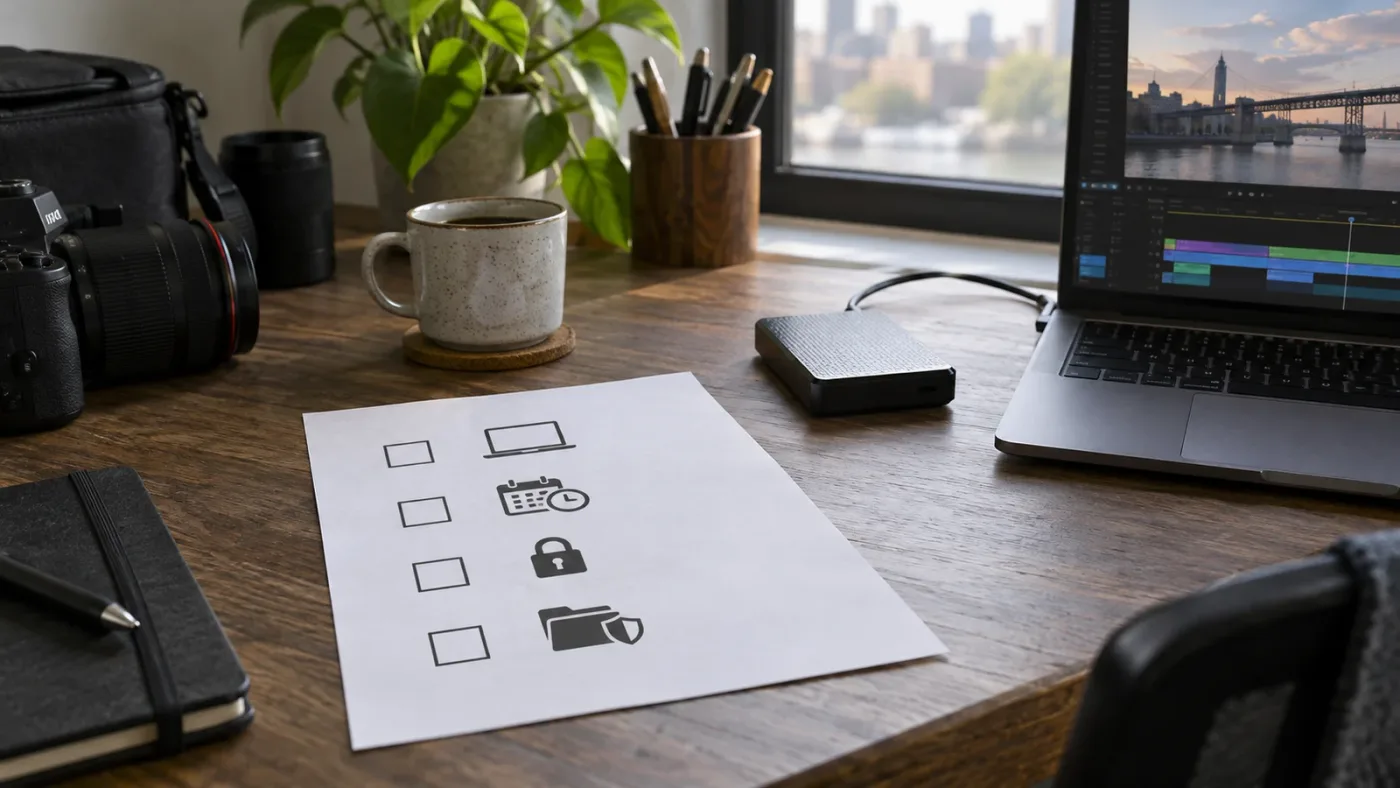 Illustration of a compatibility checklist for operating system, Resolve version, privacy, and project backup