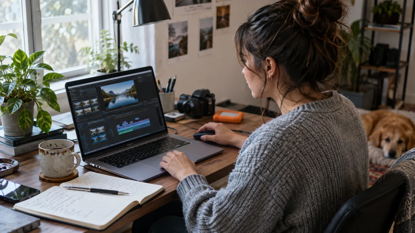 Illustration of a learner using a Resolve course for structure and then practicing at an editing workstation