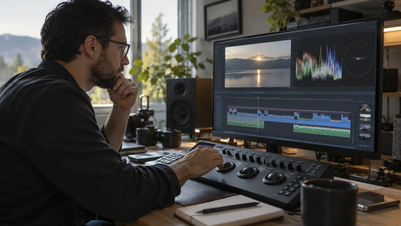 Illustration of an editor checking a suggested audio control against a timeline before making a change