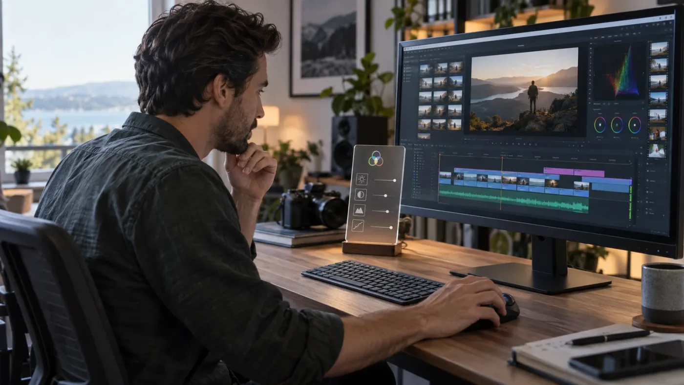 Illustration of a video editor comparing a control in a DaVinci Resolve-style workspace with a lesson card
