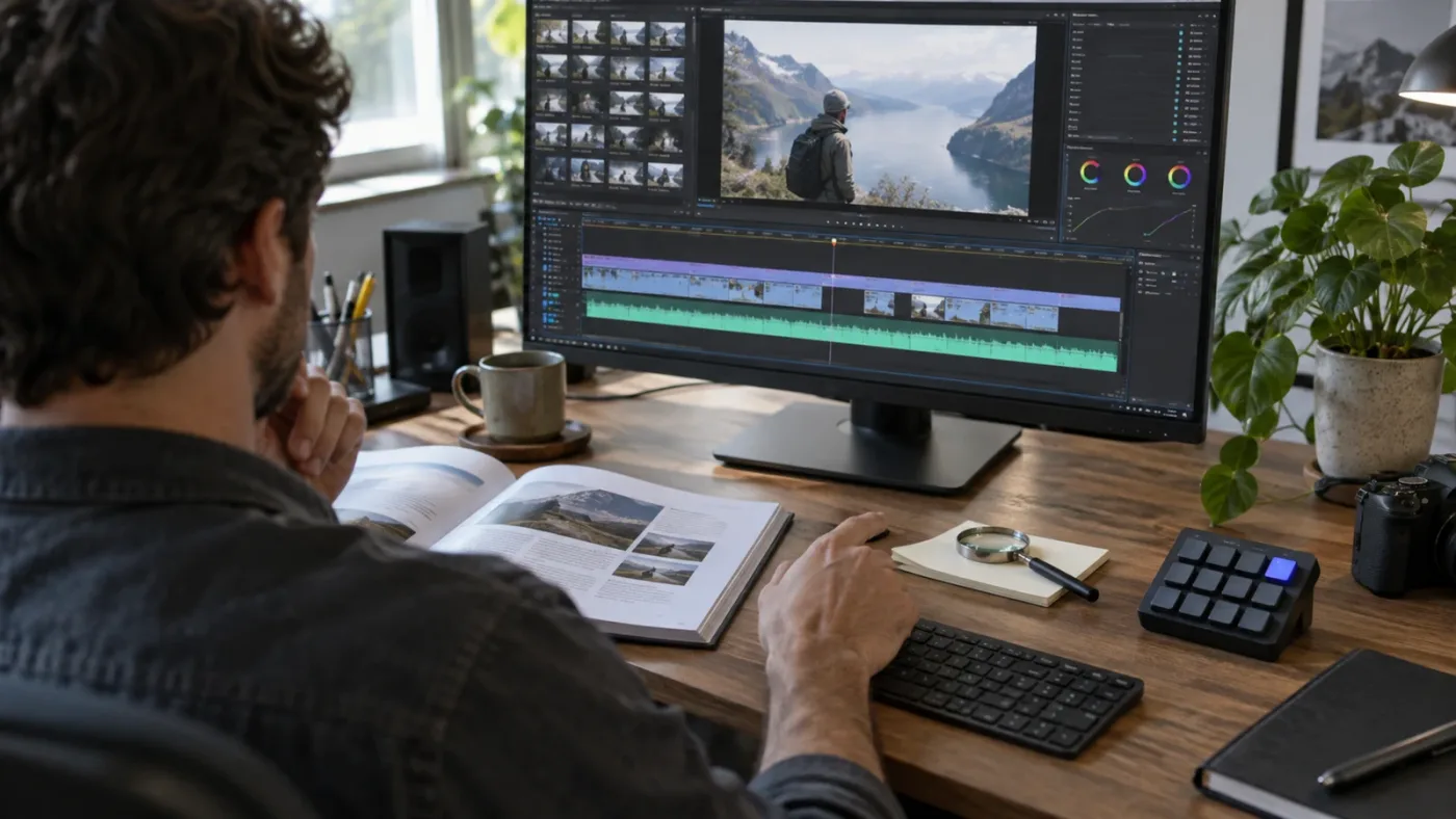 Illustration of an editor choosing between structured training, live screen guidance, and an editing agent