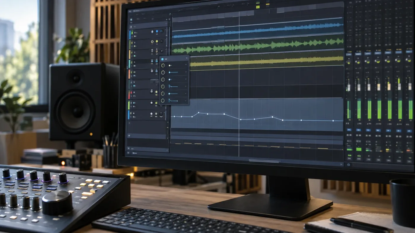 Illustration of a DaVinci Resolve Fairlight track header with an Automation View selector