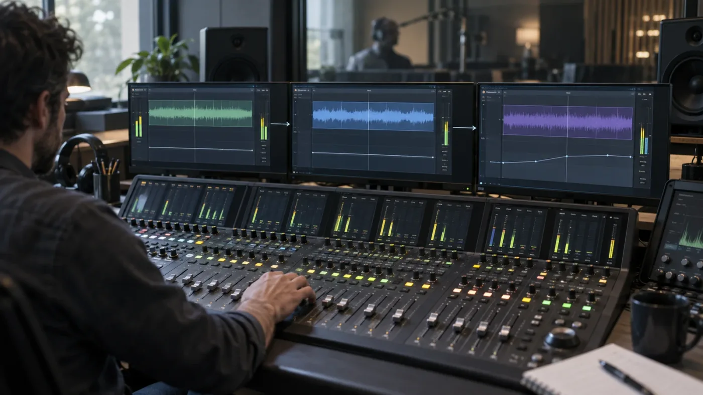 Illustration of source track, bus, and main output automation in DaVinci Resolve Fairlight