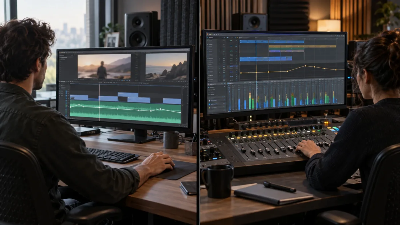 Illustration of Edit page clip gain and Fairlight page track automation in DaVinci Resolve