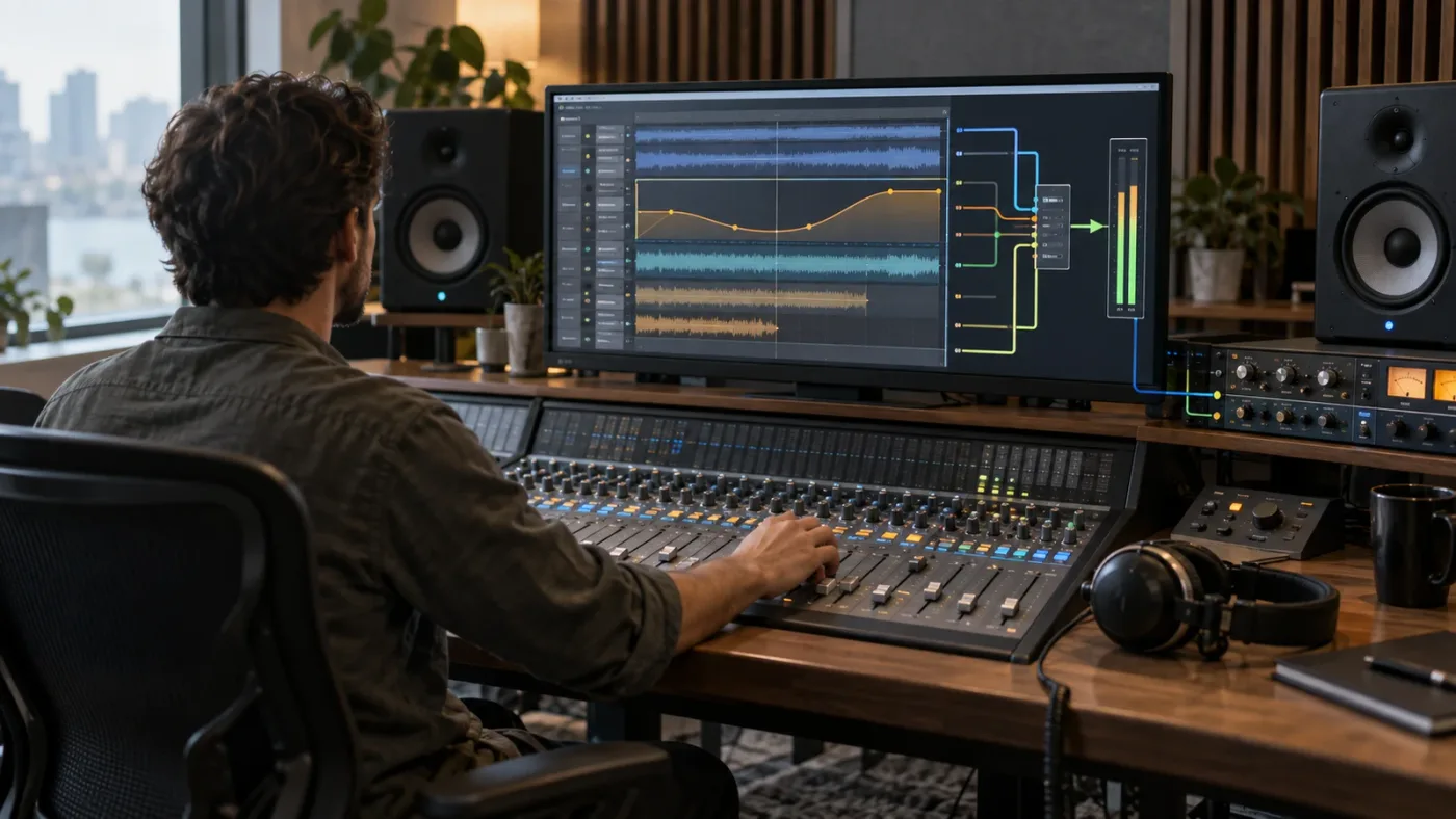 Illustration of a resolved DaVinci Resolve audio automation line visible in Fairlight