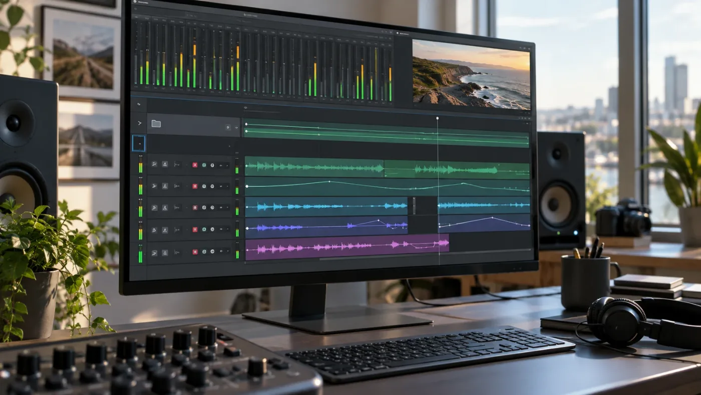 Illustration of a Resolve 21 Fairlight folder track expanding to reveal audio automation controls