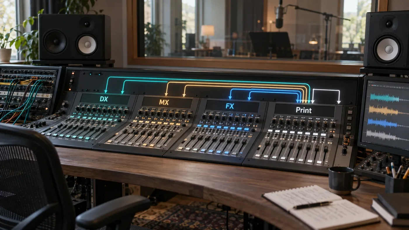 Illustration of labeled DaVinci Resolve Fairlight dialogue music effects and print buses