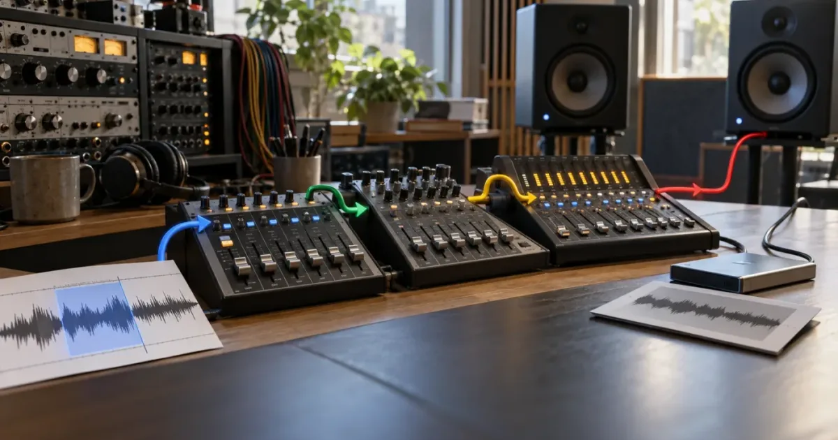 Illustration of DaVinci Resolve Fairlight audio bus routing from tracks to a main output