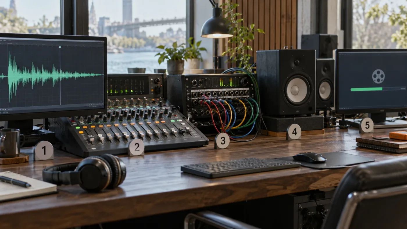 Illustration of a final DaVinci Resolve audio bus routing checklist from source clip to exported file