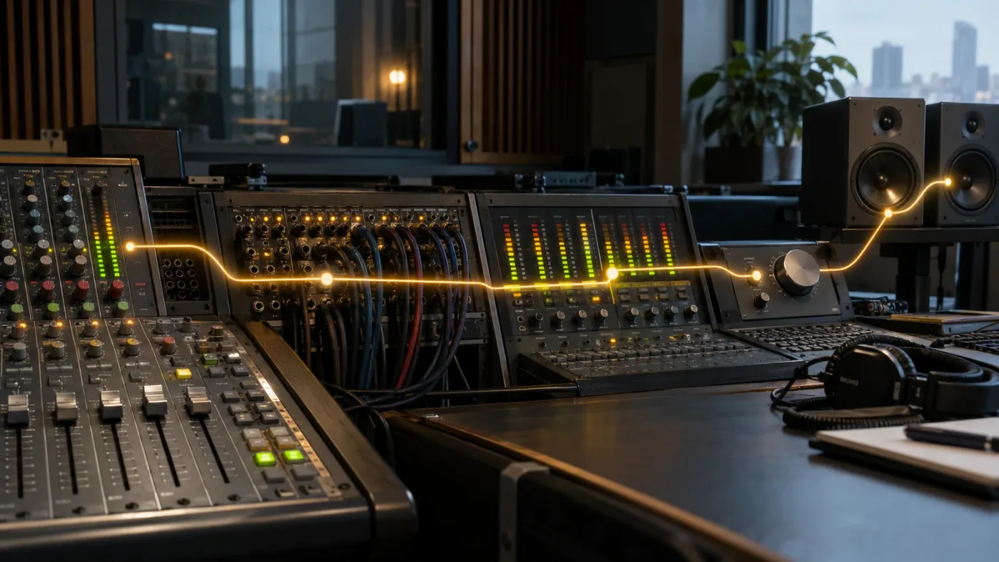 Illustration of tracing a DaVinci Resolve Fairlight signal through four audio routing checkpoints
