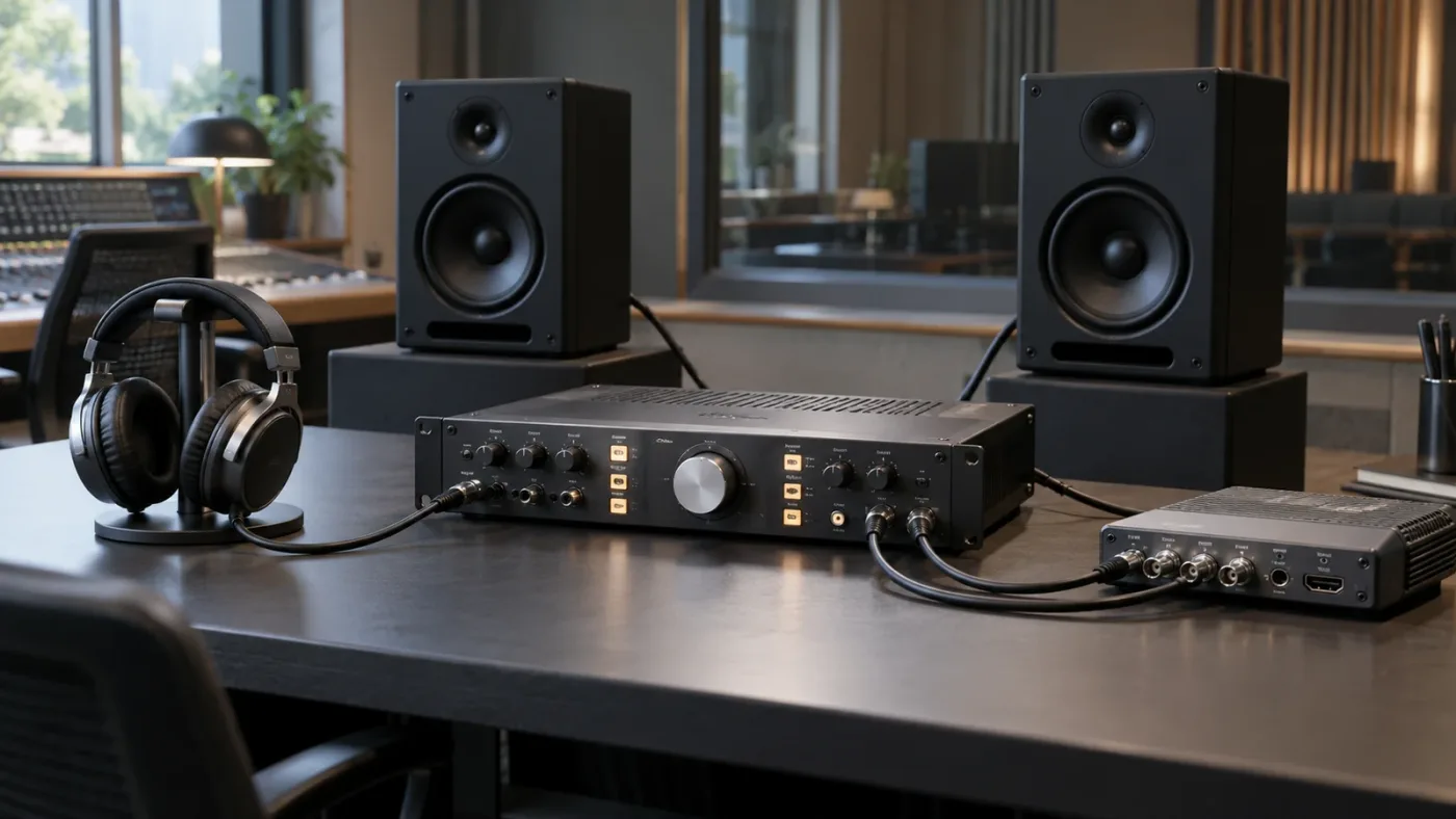 Illustration of DaVinci Resolve Fairlight monitoring paths from a main bus to audio devices