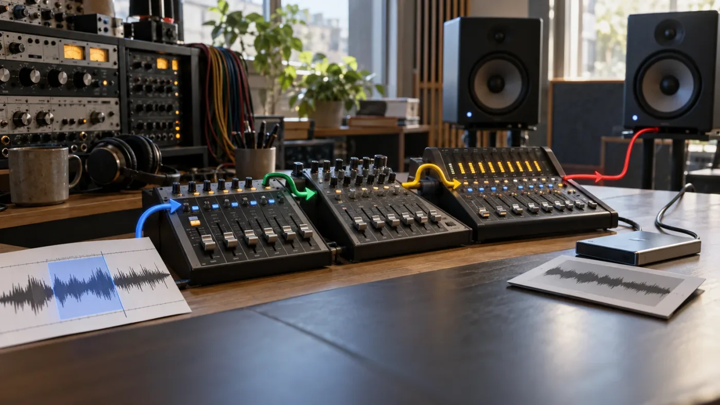 Illustration of DaVinci Resolve audio signal flow from a track through buses to monitoring and rendering