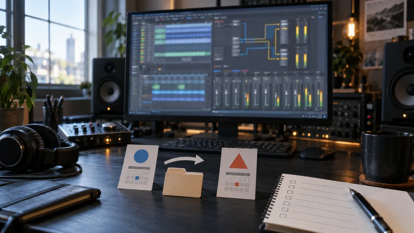 Illustration of version-aware DaVinci Resolve audio bus troubleshooting across project conversion