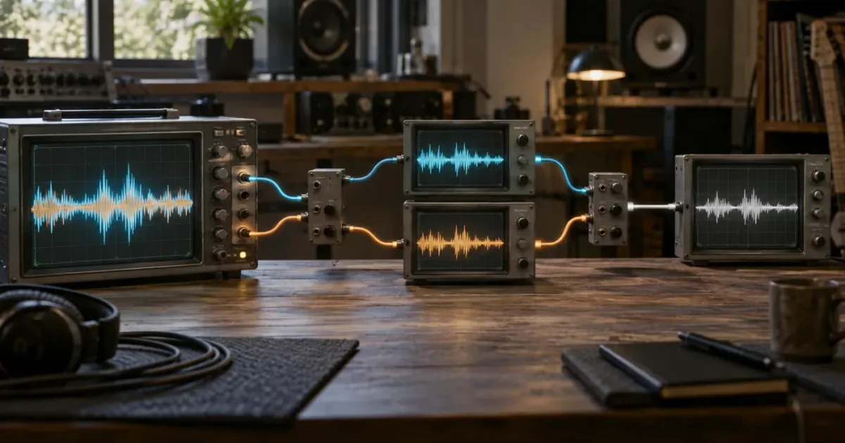 Illustration of a DaVinci Resolve audio waveform with a hollow sound diagnostic path